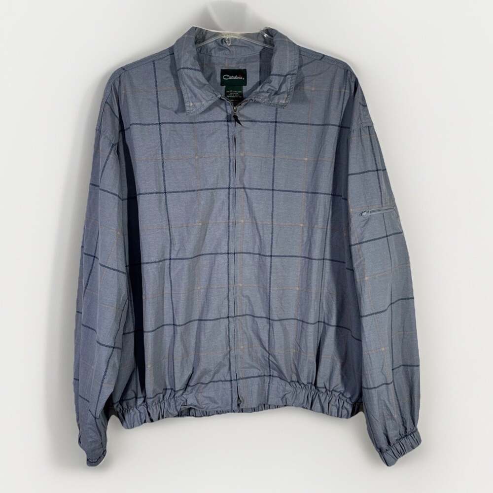 Vintage Catalina Windbreaker Jacket Mens XL Blue Plaid Golf Zip Up Track Coats